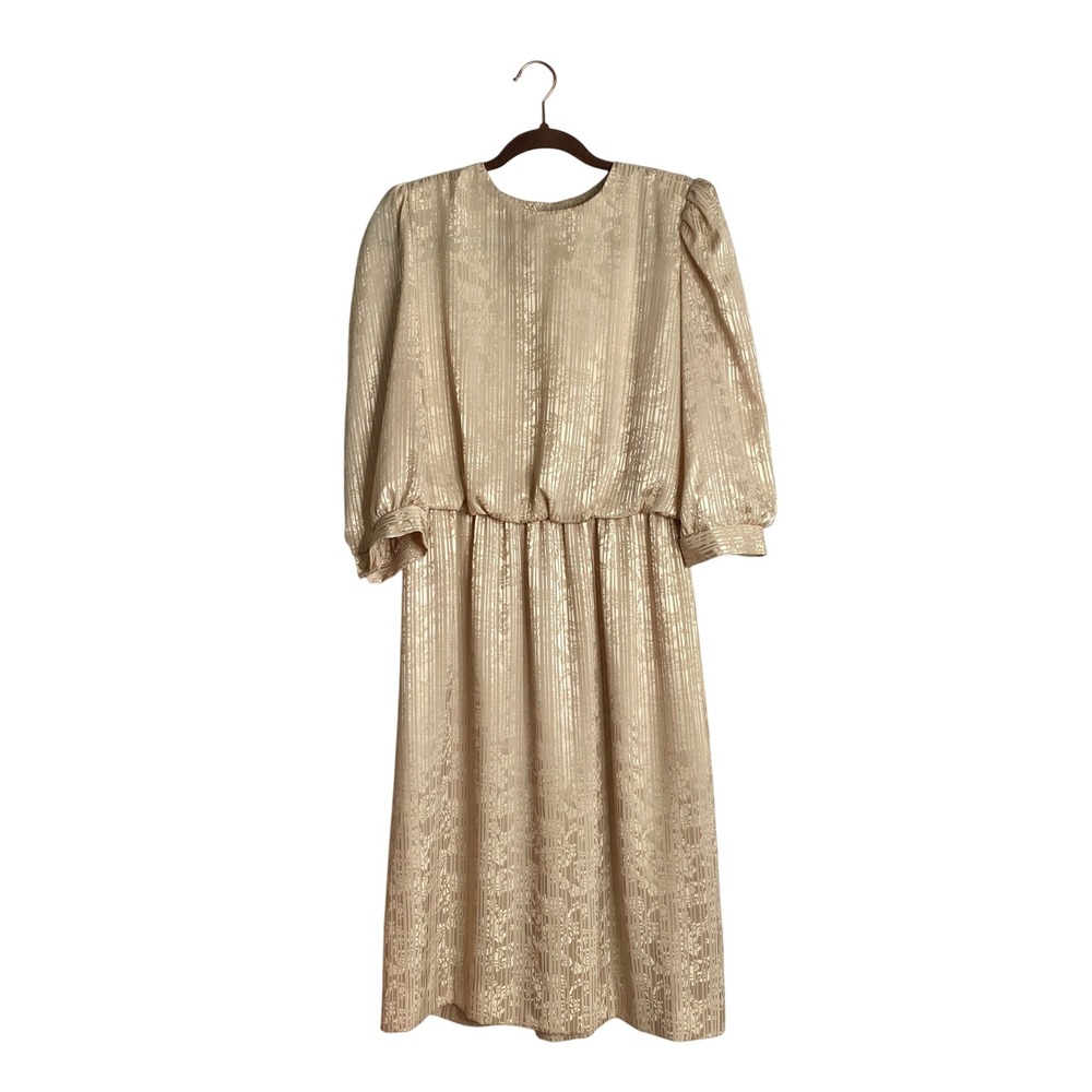 VTG 80s Gold Metallic Lurex Blouson Midi Dress Lady Carol Petite Party Studio 54